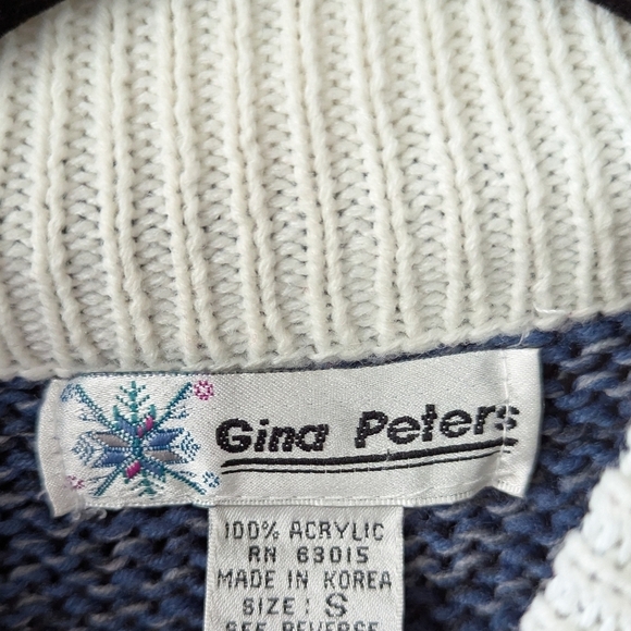 VTG 80s Gina Peters Mock Neck Snowflake Tunic Sweater White Blue Size Small - Picture 4 of 7